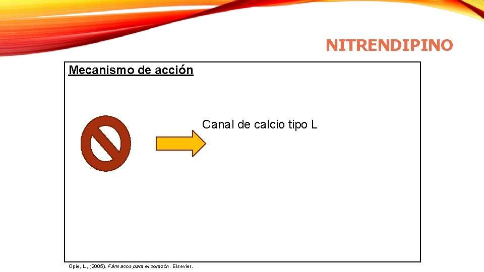 NITRENDIPINO Mecanismo de acción Canal de calcio tipo L Opie, L. , (2005). Fármacos NITRENDIPINO Mecanismo de acción Canal de calcio tipo L Opie, L. , (2005). Fármacos
