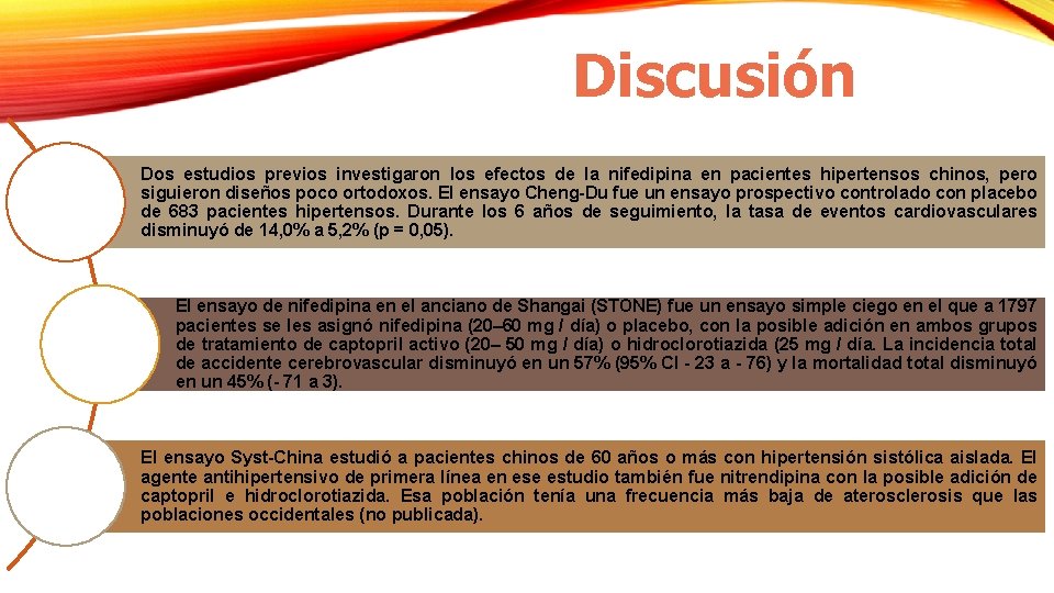 Discusión Dos estudios previos investigaron los efectos de la nifedipina en pacientes hipertensos chinos, Discusión Dos estudios previos investigaron los efectos de la nifedipina en pacientes hipertensos chinos,