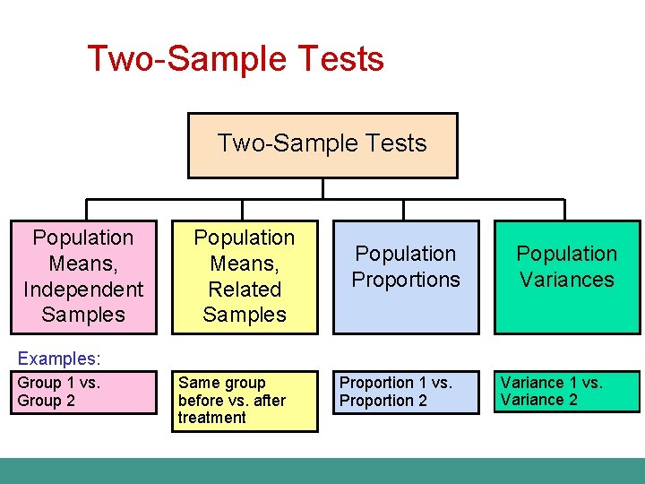 Two-Sample Tests Population Means, Independent Samples Population Means, Related Samples Population Proportions Population Variances