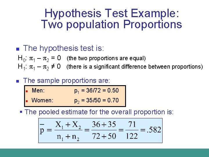 Hypothesis Test Example: Two population Proportions n The hypothesis test is: H 0: π1