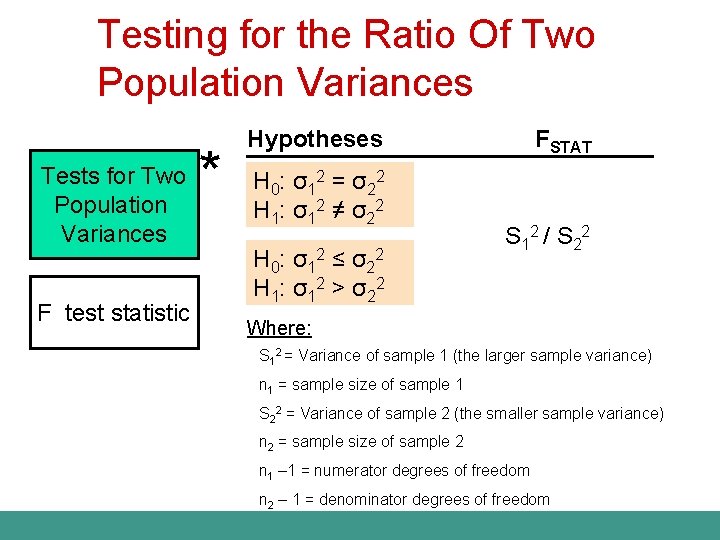 Testing for the Ratio Of Two Population Variances Tests for Two Population Variances F