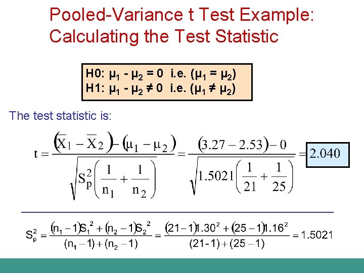 Pooled-Variance t Test Example: Calculating the Test Statistic H 0: μ 1 - μ