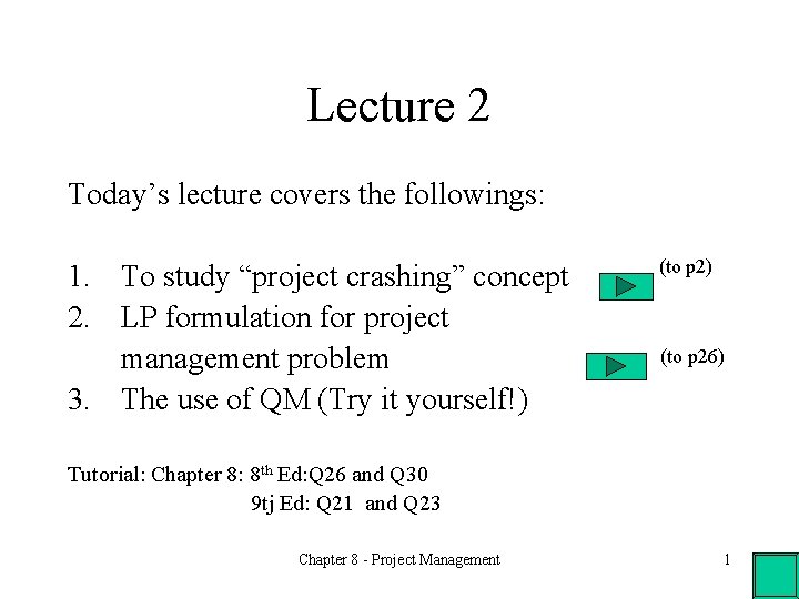 Lecture 2 Today’s lecture covers the followings: 1. To study “project crashing” concept 2.