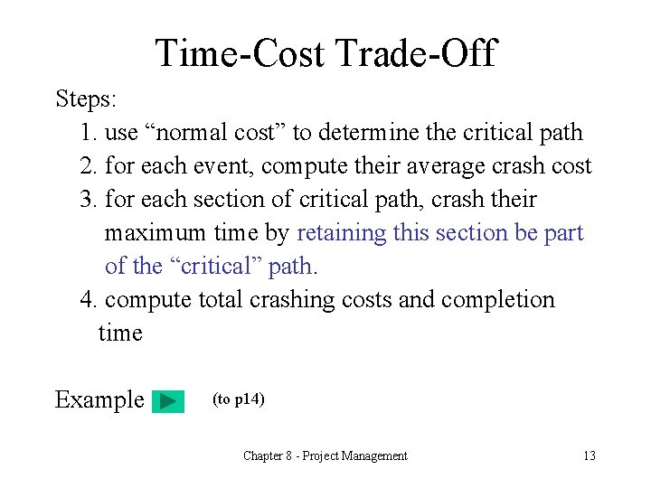 Time-Cost Trade-Off Steps: 1. use “normal cost” to determine the critical path 2. for