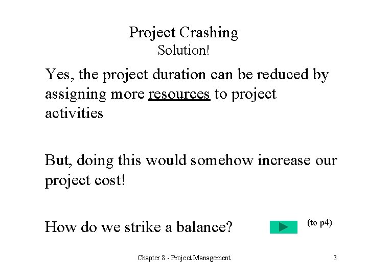 Project Crashing Solution! Yes, the project duration can be reduced by assigning more resources