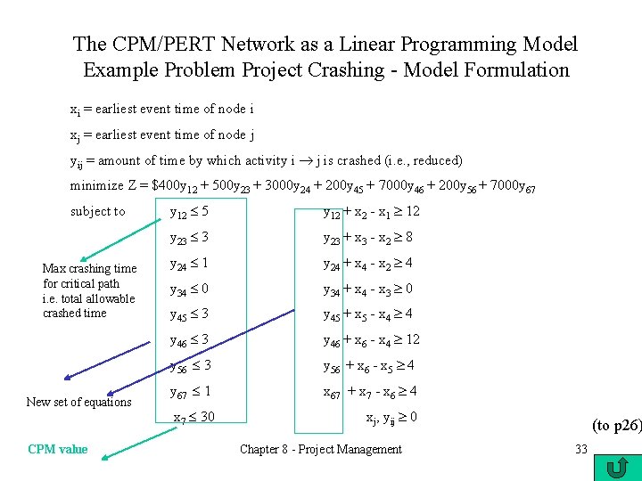 The CPM/PERT Network as a Linear Programming Model Example Problem Project Crashing - Model