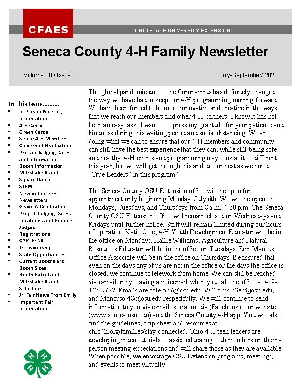 OHIO STATE UNIVERSITY EXTENSION Seneca County 4 -H Family Newsletter Volume 30 / Issue