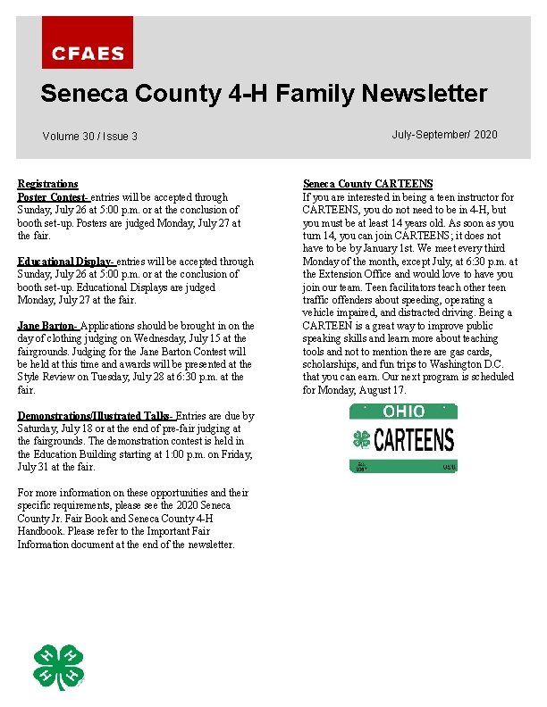 Seneca County 4 -H Family Newsletter Volume 30 / Issue 3 Registrations Poster Contest-