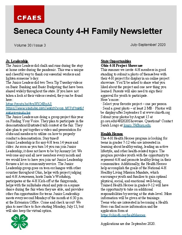 Seneca County 4 -H Family Newsletter Volume 30 / Issue 3 Jr. Leadership The