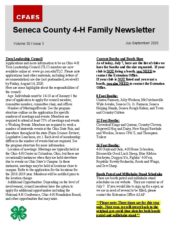 Seneca County 4 -H Family Newsletter Volume 30 / Issue 3 Teen Leadership Council