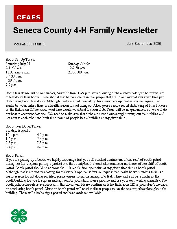 Seneca County 4 -H Family Newsletter July-September/ 2020 Volume 30 / Issue 3 Booth