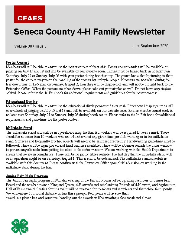 Seneca County 4 -H Family Newsletter Volume 30 / Issue 3 July-September/ 2020 Poster