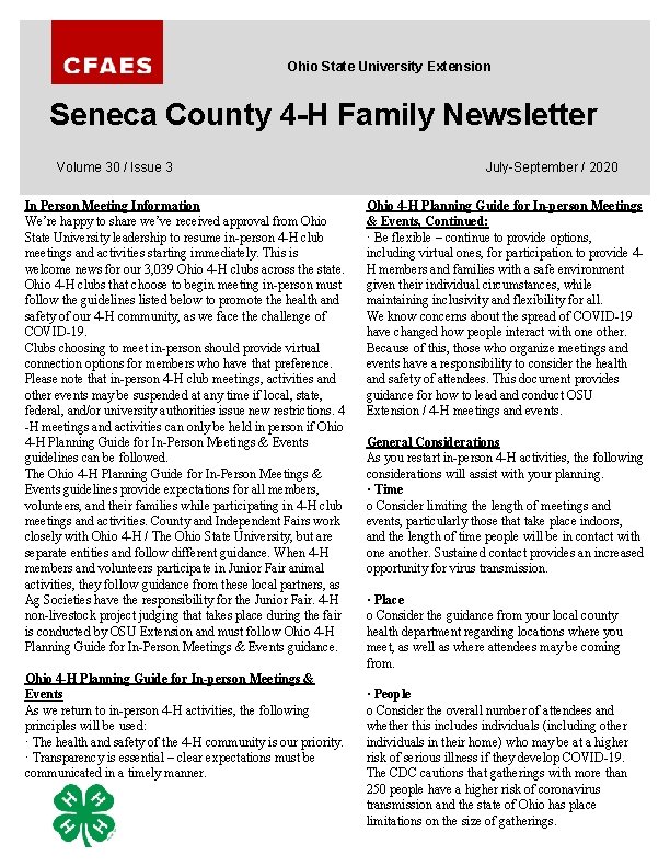 Ohio State University Extension Seneca County 4 -H Family Newsletter Volume 30 / Issue
