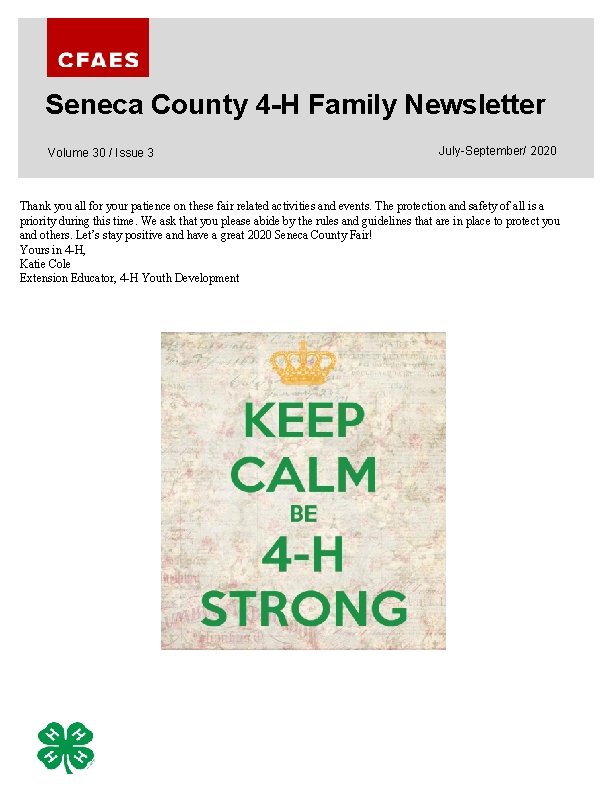 Seneca County 4 -H Family Newsletter Volume 30 / Issue 3 July-September/ 2020 Thank