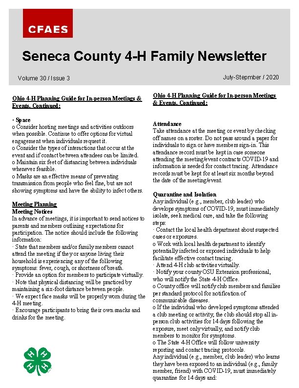 Seneca County 4 -H Family Newsletter Volume 30 / Issue 3 Ohio 4 -H