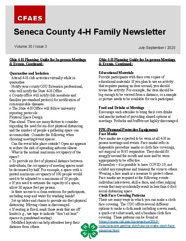 Seneca County 4 -H Family Newsletter Volume 30 / Issue 3 July-September / 2020