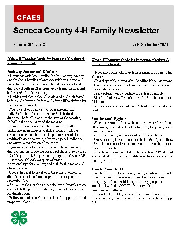 Seneca County 4 -H Family Newsletter Volume 30 / Issue 3 July-September/ 2020 Ohio