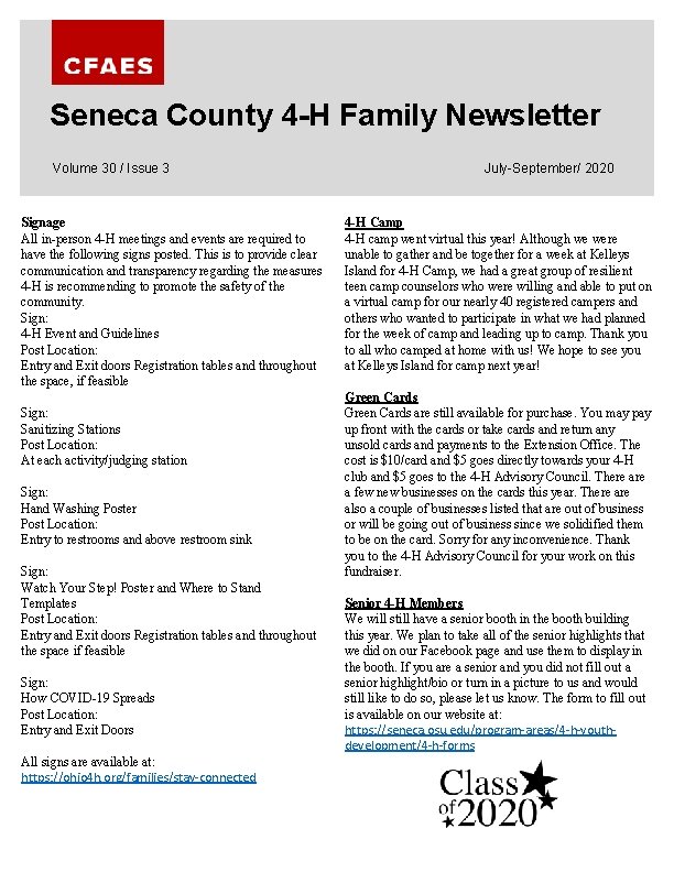 Seneca County 4 -H Family Newsletter Volume 30 / Issue 3 Signage All in-person