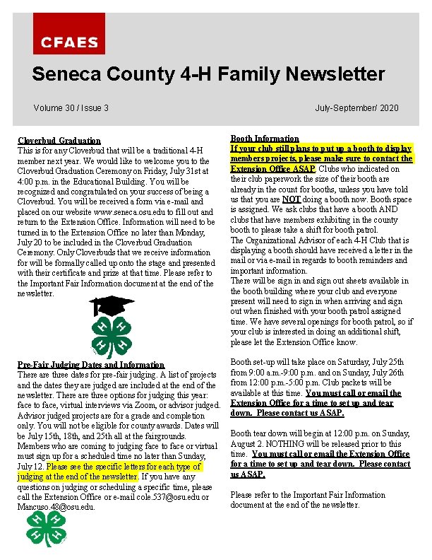 Seneca County 4 -H Family Newsletter Volume 30 / Issue 3 July-September/ 2020 Cloverbud