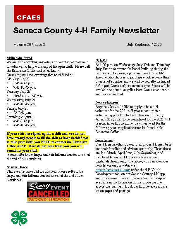 Seneca County 4 -H Family Newsletter Volume 30 / Issue 3 Milkshake Stand We
