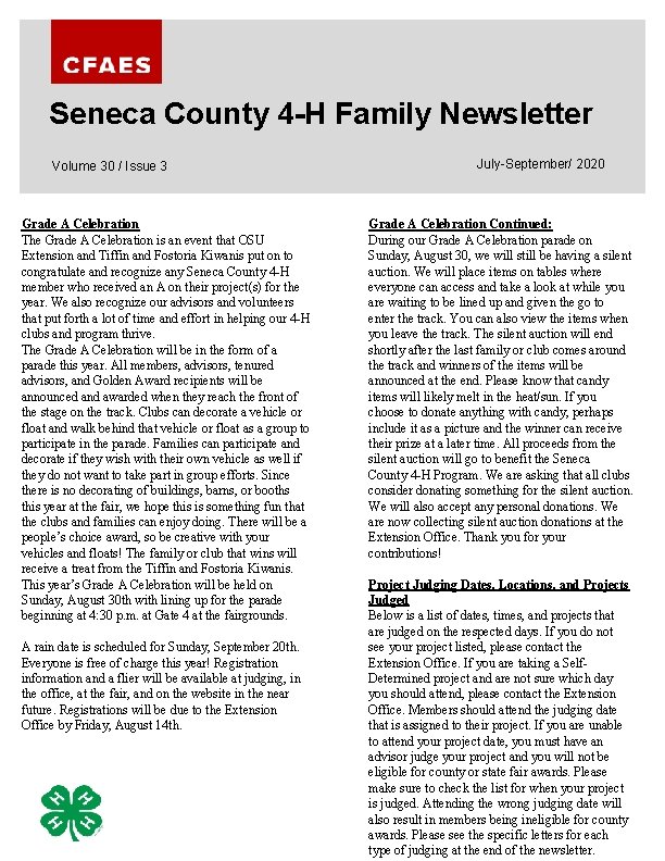 Seneca County 4 -H Family Newsletter Volume 30 / Issue 3 Grade A Celebration