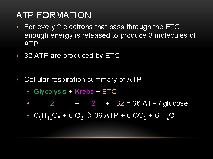 ATP FORMATION • For every 2 electrons that pass through the ETC, enough energy