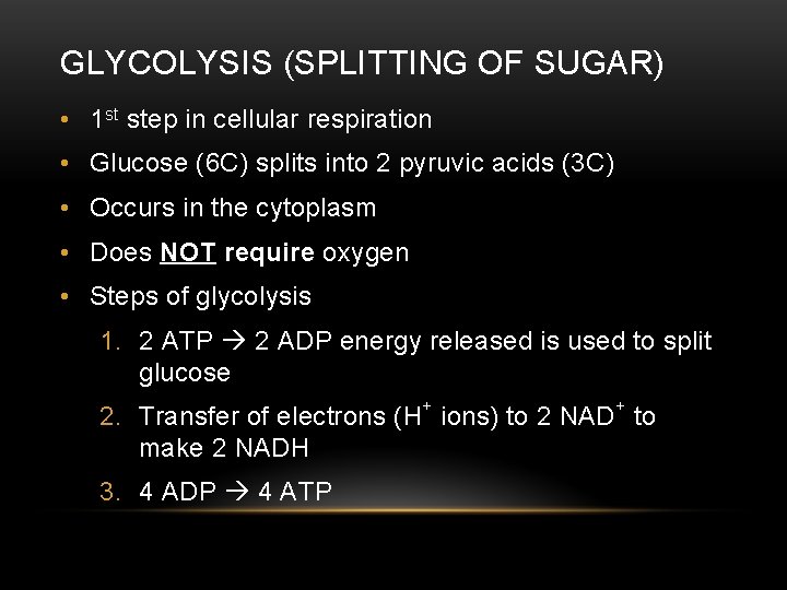 GLYCOLYSIS (SPLITTING OF SUGAR) • 1 st step in cellular respiration • Glucose (6