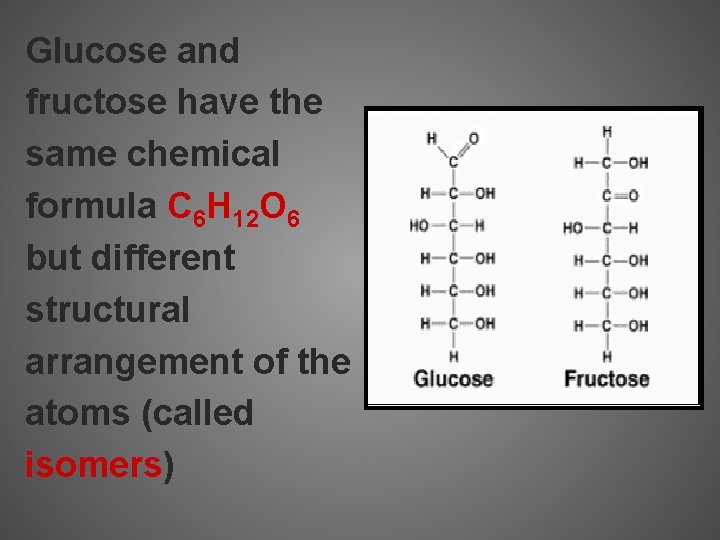 Glucose and fructose have the same chemical formula C 6 H 12 O 6