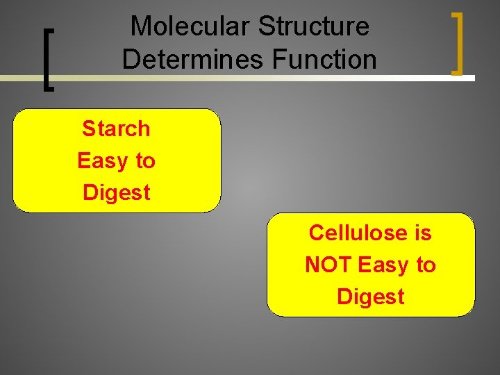 Molecular Structure Determines Function Starch Easy to Digest Cellulose is NOT Easy to Digest