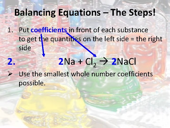 Balancing Equations – The Steps! 1. Put coefficients in front of each substance to