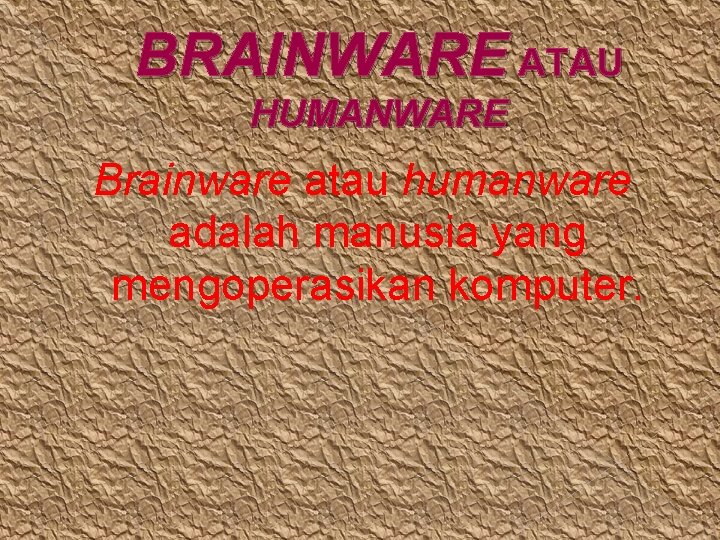 BRAINWARE ATAU HUMANWARE Brainware atau humanware adalah manusia yang mengoperasikan komputer. 