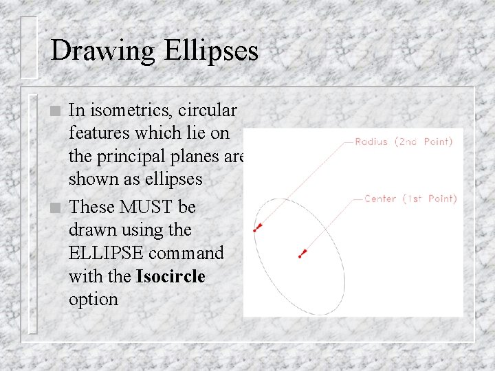 Drawing Ellipses n n In isometrics, circular features which lie on the principal planes