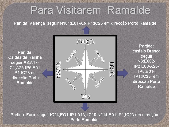 Para Visitarem Ramalde Partida: Valença seguir N 101; E 01 -A 3 -IP 1;