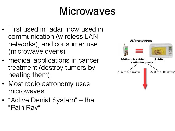 Microwaves • First used in radar, now used in communication (wireless LAN networks), and