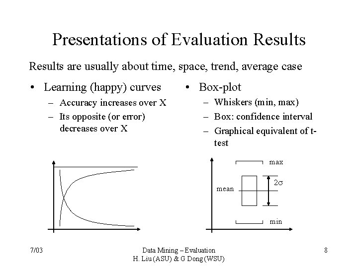 Presentations of Evaluation Results are usually about time, space, trend, average case • Learning