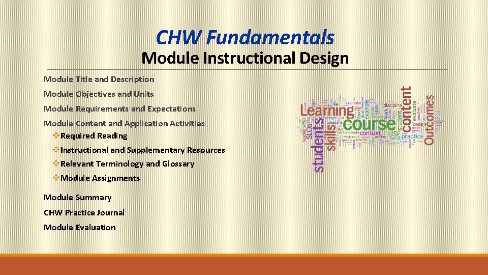 CHW Fundamentals Module Instructional Design Module Title and Description Module Objectives and Units Module