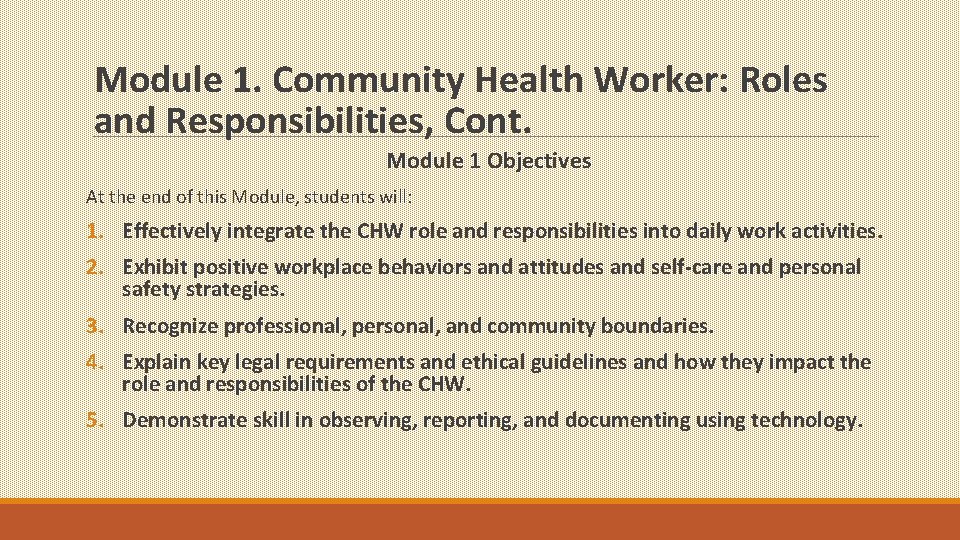 Module 1. Community Health Worker: Roles and Responsibilities, Cont. Module 1 Objectives At the