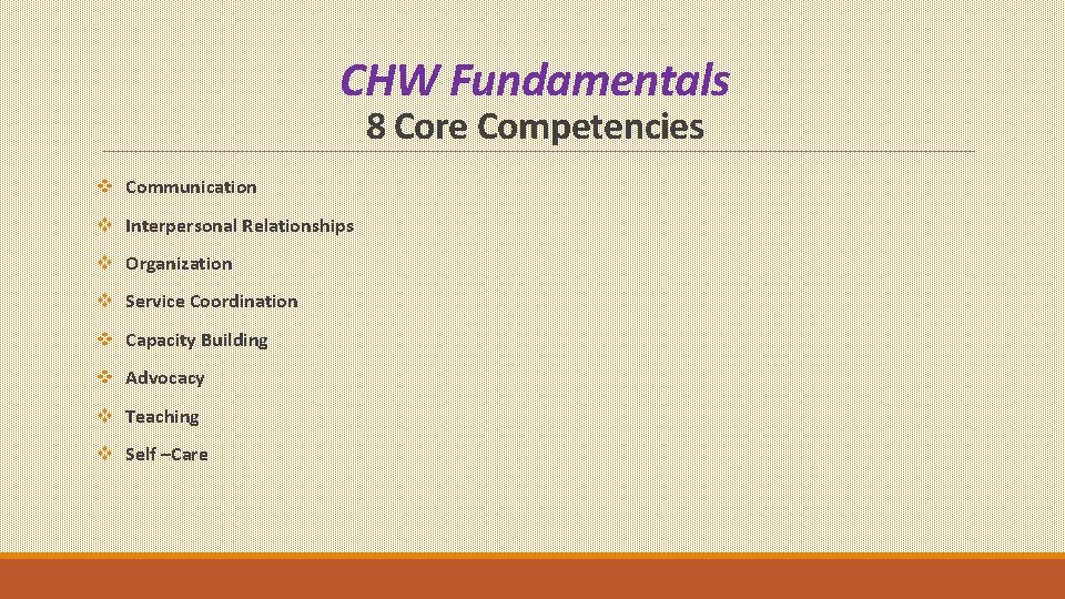 CHW Fundamentals 8 Core Competencies Communication Interpersonal Relationships Organization Service Coordination Capacity Building Advocacy