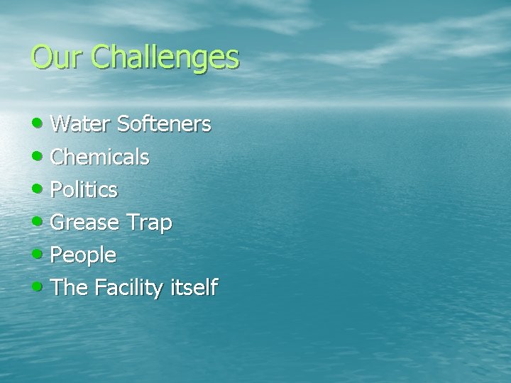Our Challenges • Water Softeners • Chemicals • Politics • Grease Trap • People