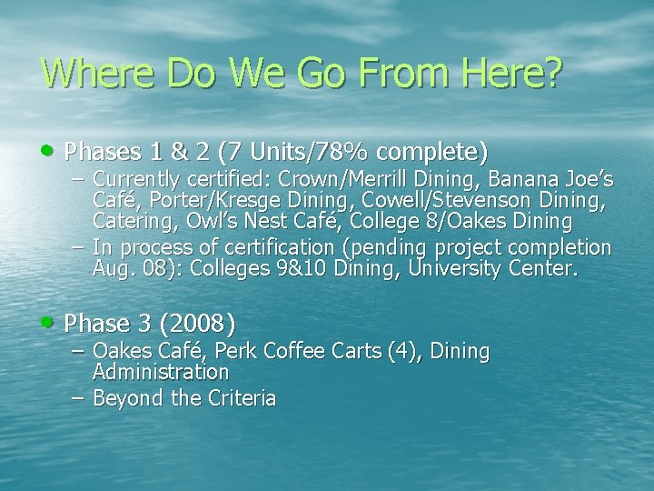Where Do We Go From Here? • Phases 1 & 2 (7 Units/78% complete)