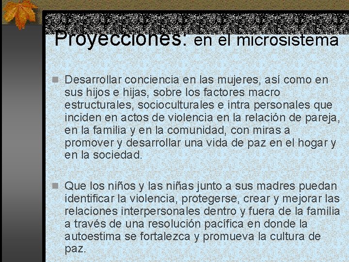 Proyecciones: en el microsistema n Desarrollar conciencia en las mujeres, así como en sus