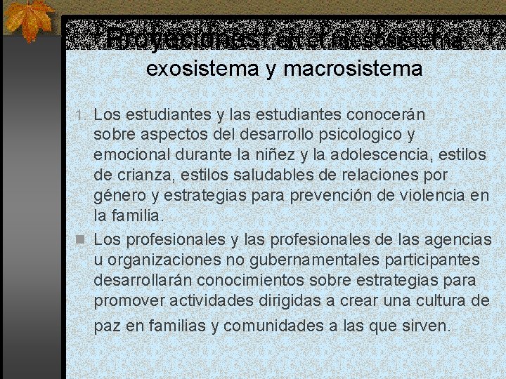 Proyeciones: en el mesosistema exosistema y macrosistema 1. Los estudiantes y las estudiantes conocerán