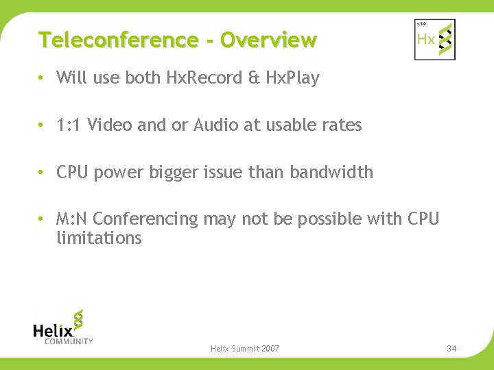 Teleconference - Overview • Will use both Hx. Record & Hx. Play • 1: