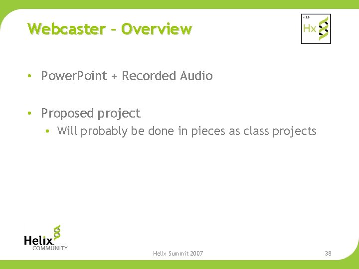 Webcaster – Overview • Power. Point + Recorded Audio • Proposed project • Will