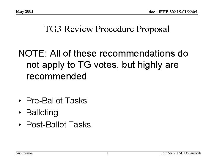 May 2001 doc. : IEEE 802. 15 -01/224 r 1 TG 3 Review Procedure