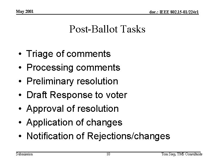 May 2001 doc. : IEEE 802. 15 -01/224 r 1 Post-Ballot Tasks • •