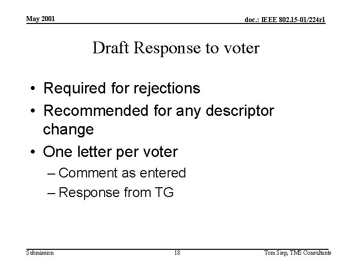 May 2001 doc. : IEEE 802. 15 -01/224 r 1 Draft Response to voter