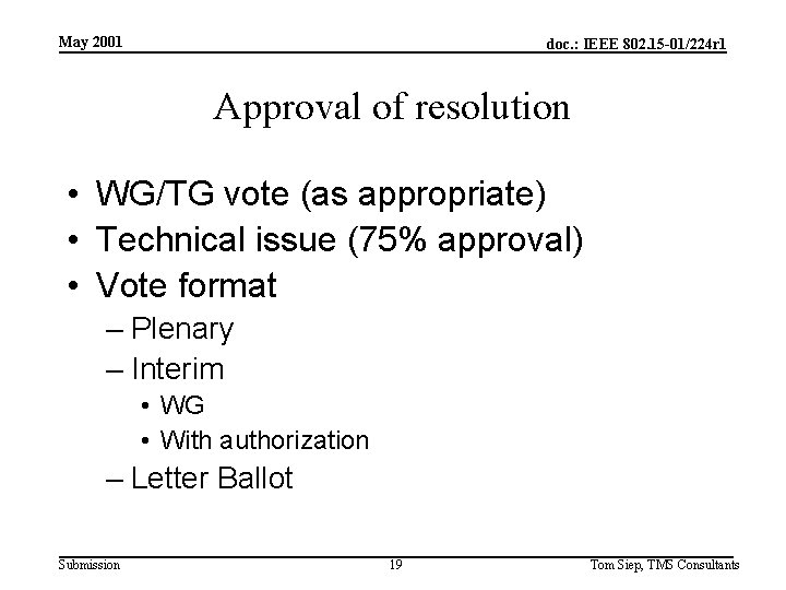 May 2001 doc. : IEEE 802. 15 -01/224 r 1 Approval of resolution •