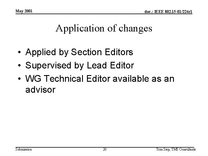 May 2001 doc. : IEEE 802. 15 -01/224 r 1 Application of changes •