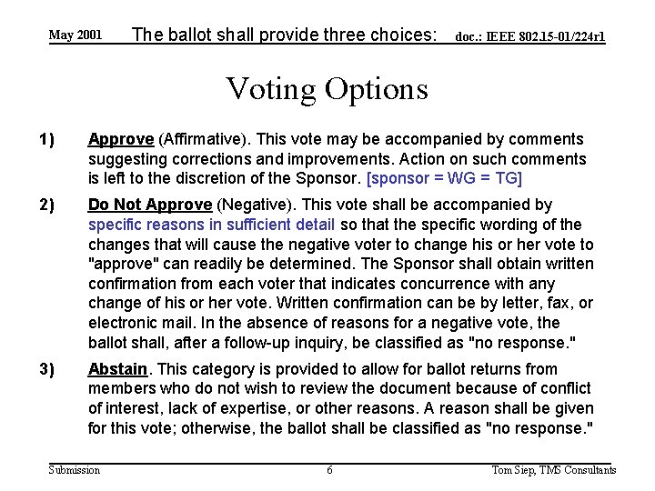 May 2001 The ballot shall provide three choices: doc. : IEEE 802. 15 -01/224